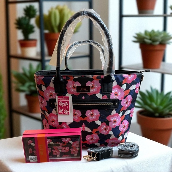 Trina Turk Pink and Navy Floral Tote with matching wallet set - Picture 1 of 15